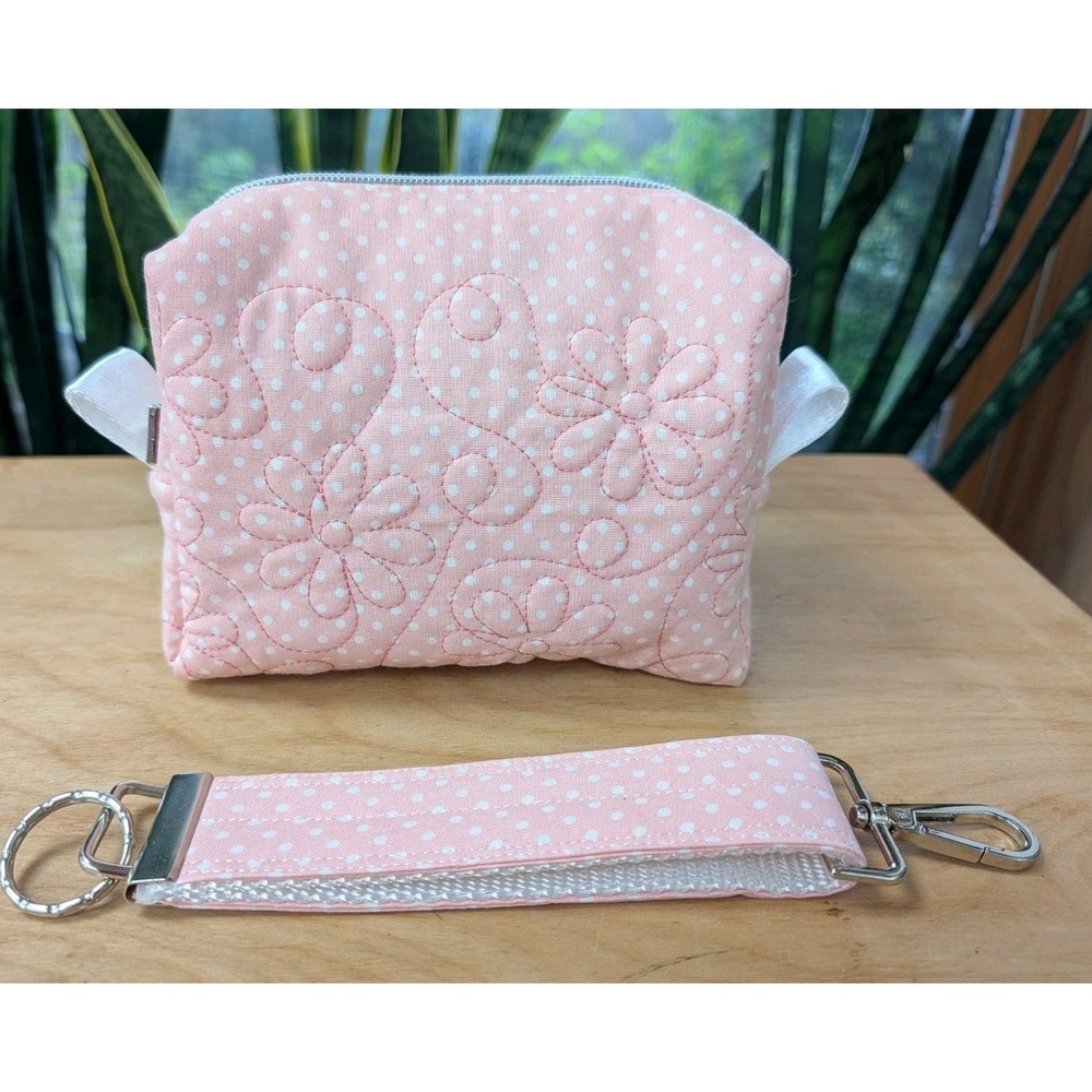 Embroidered MAKEUP Cosmetic Toiletries Baby Pink Polka Dot+ Matching Key Fob SET